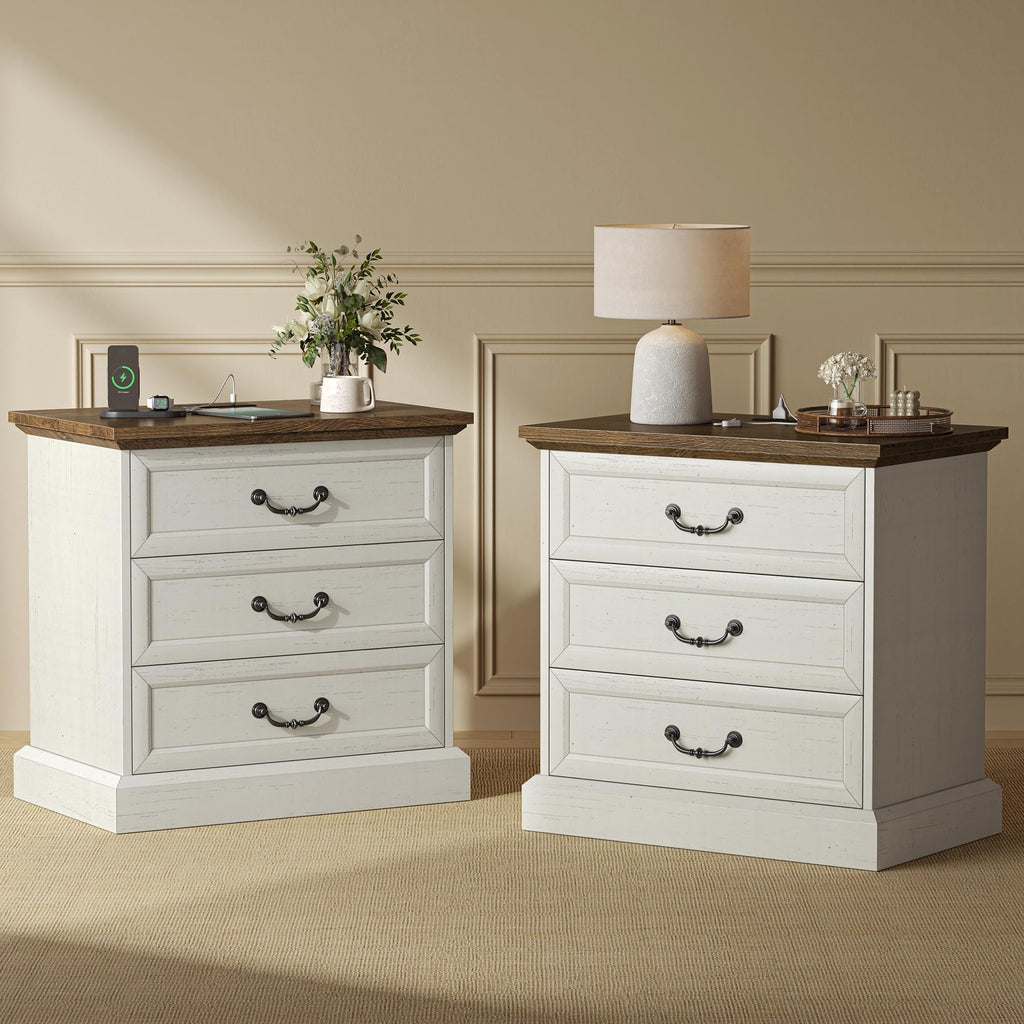 Distressed White 3 Drawer Nightstand with Charging Station