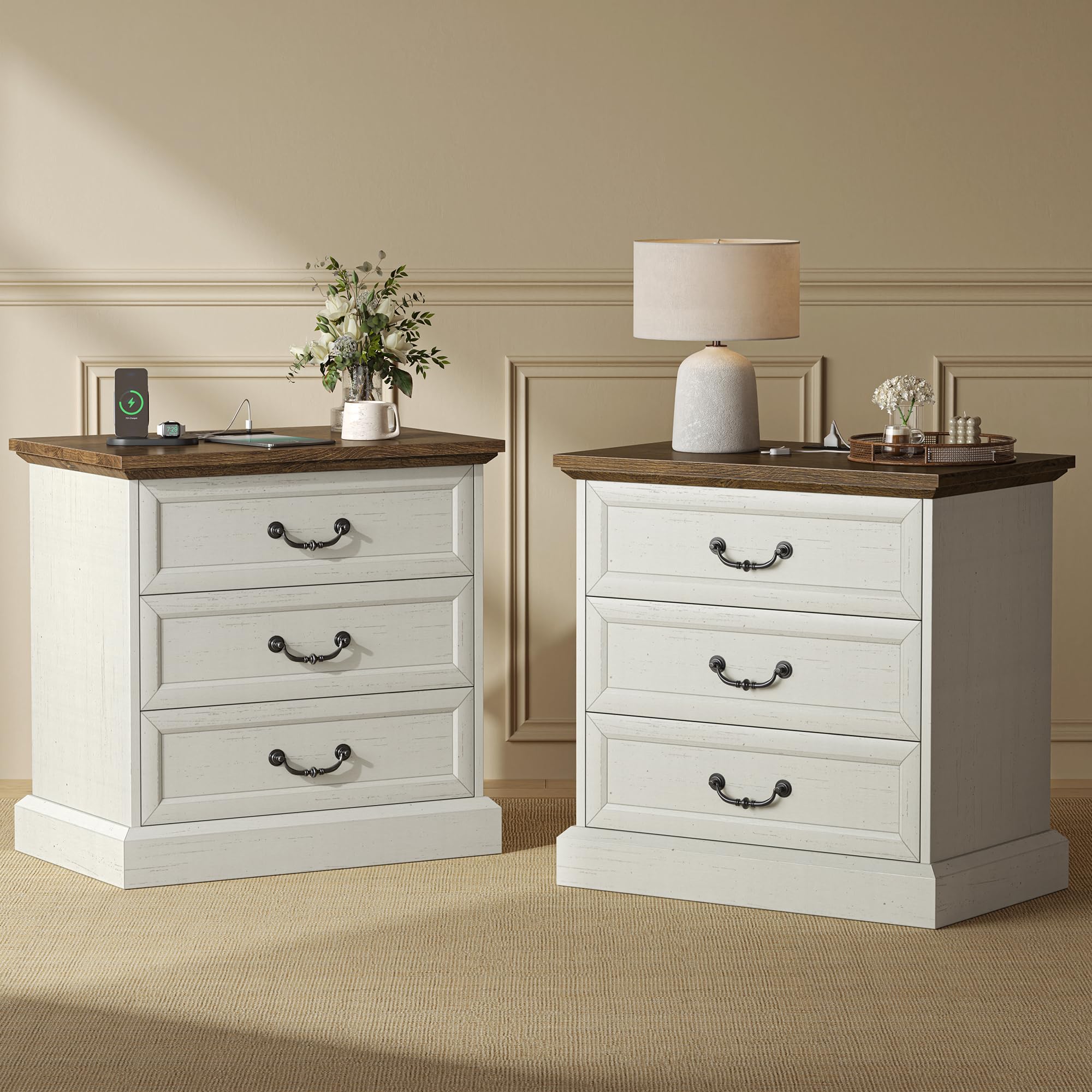 Distressed White 3 Drawer Nightstand with Charging Station