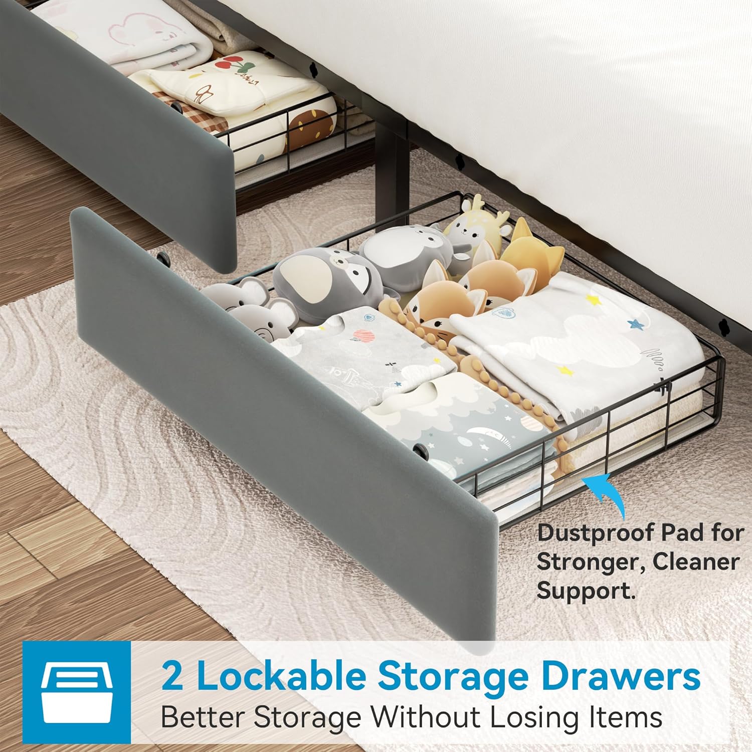 Grey Velvet Full LED Bed Drawers Charging Headboard