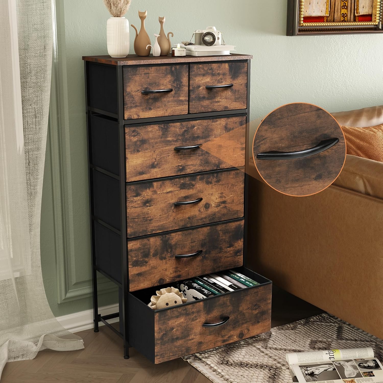 Rustic Brown Wood Top 6 Drawer Slim Fabric Dresser