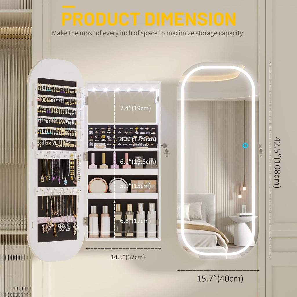 LED Lockable White Full Length Mounted Jewelry Armoire
