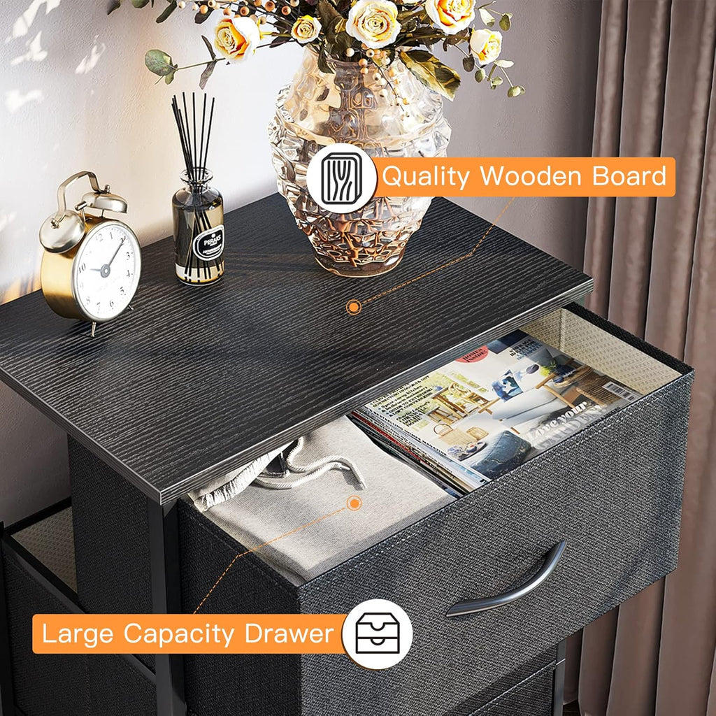 Black Wood Top 4 Drawer Small Fabric Dresser Cabinet