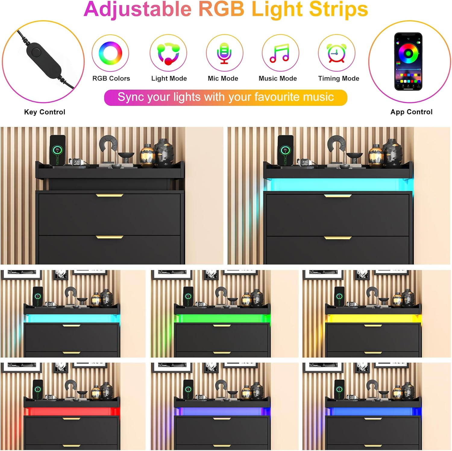 Black Wood 5 Drawer Tall Dresser LED & Power Outlet