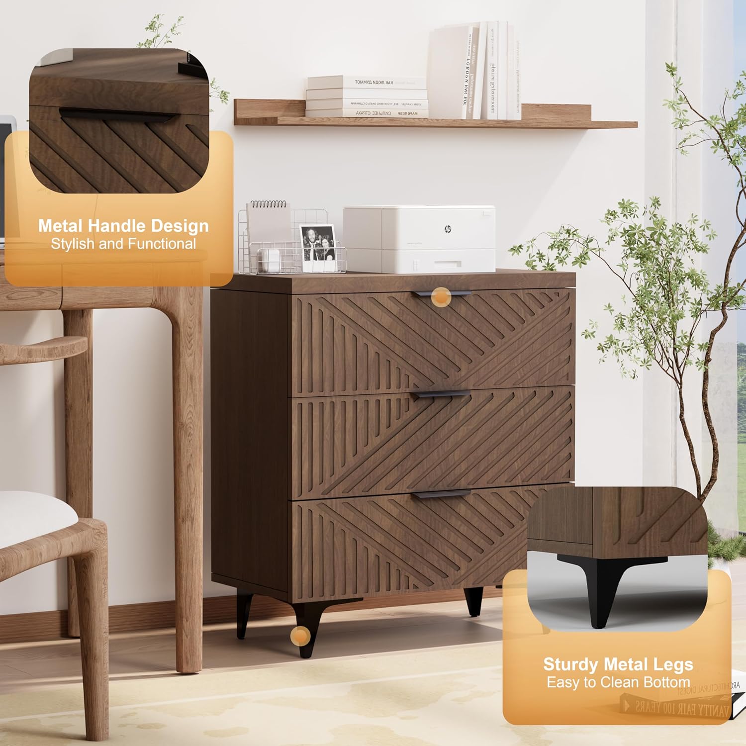Brown Fluted 3 Drawer Oversized Bedroom Nightstand