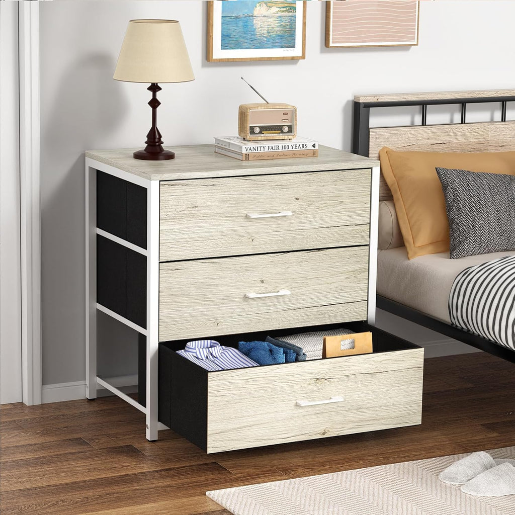 Wood Top Fabric 3 Drawer Bedroom Nightstand Dresser