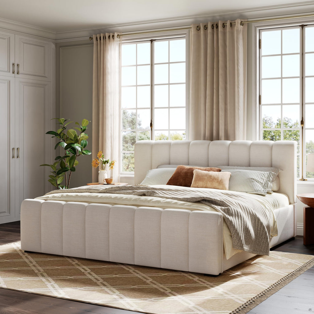 Beige Linen Cal King Curved Panel Bed Frame