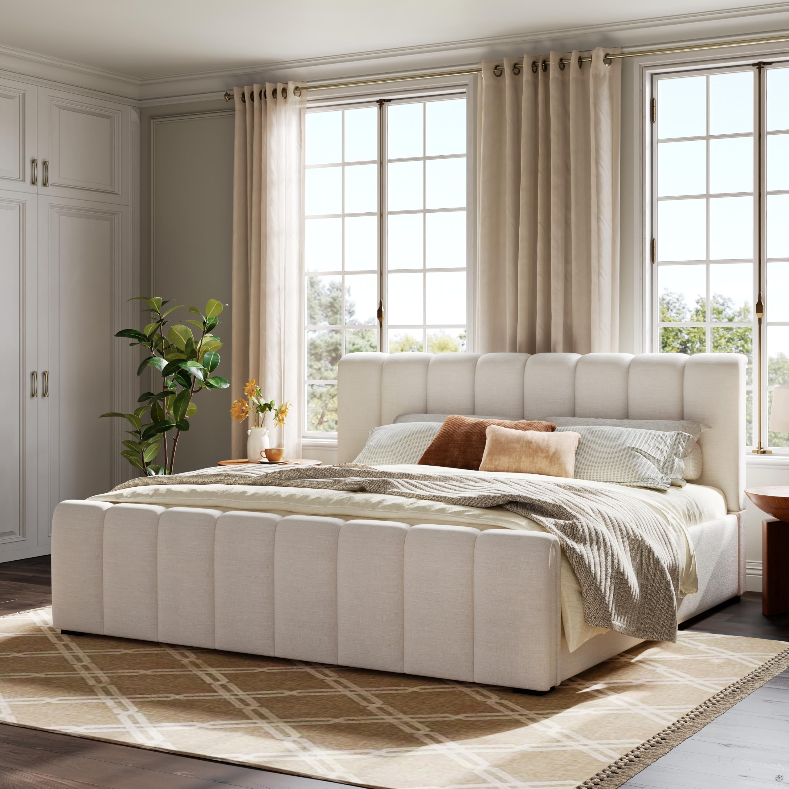 Beige Linen Cal King Curved Panel Bed Frame