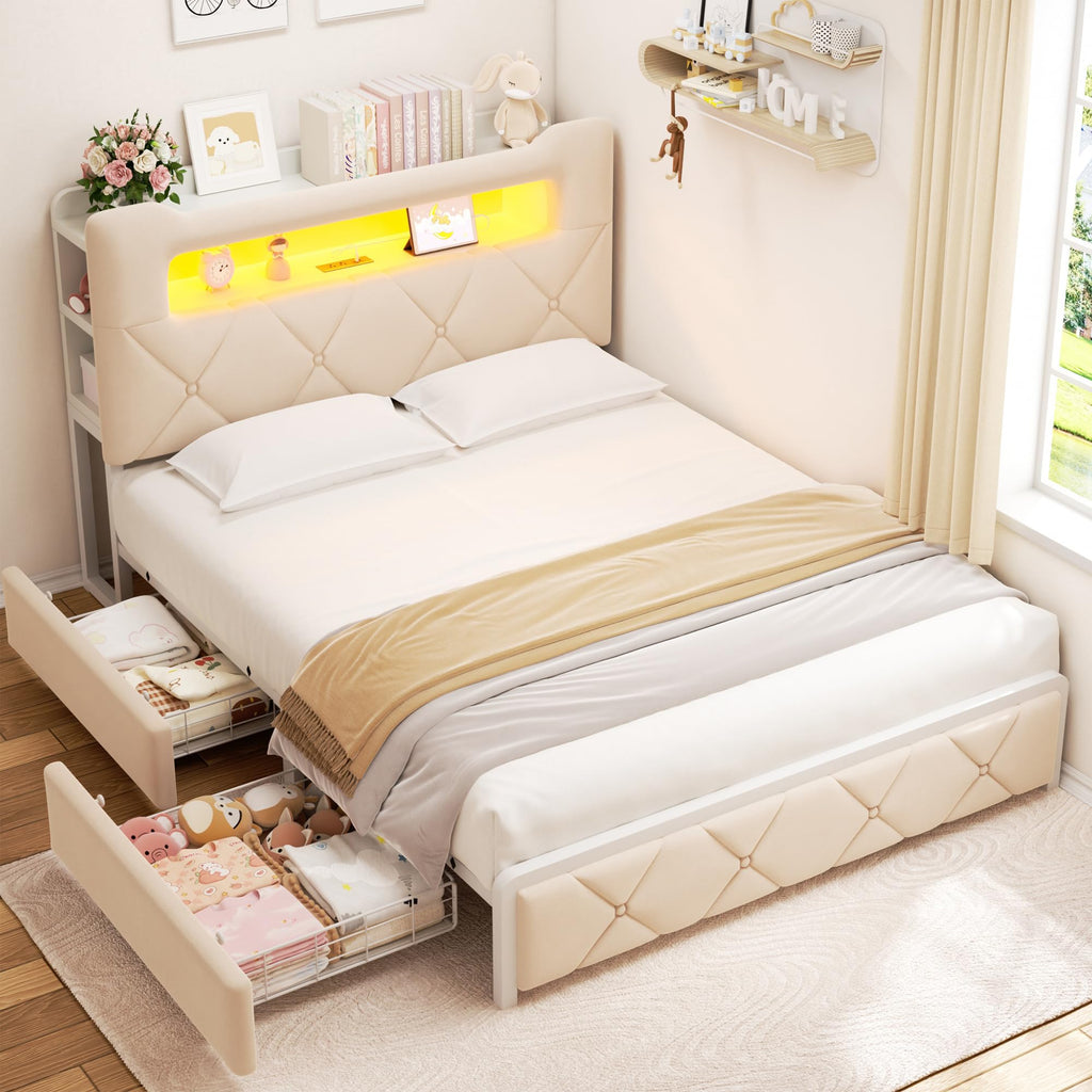 Grey Velvet Full LED Bed Drawers Charging Headboard