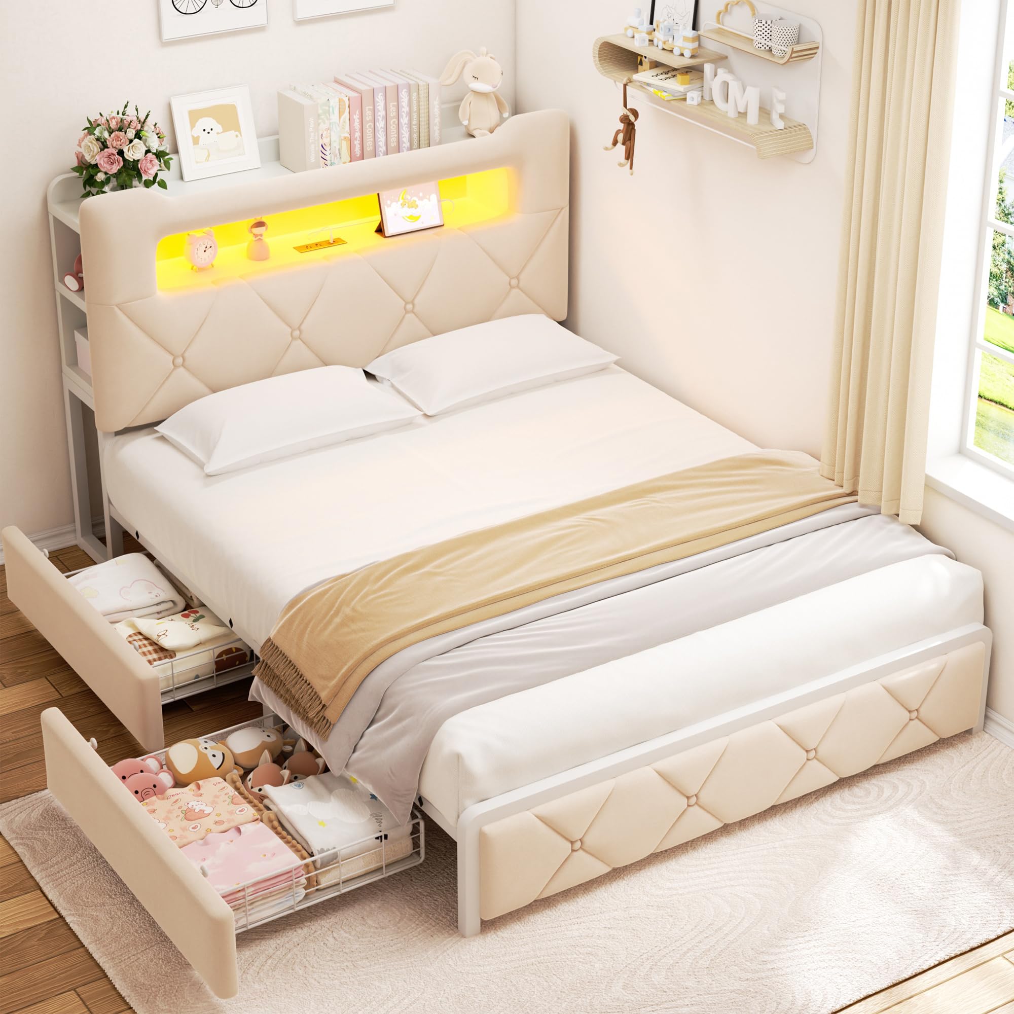Grey Velvet Full LED Bed Drawers Charging Headboard