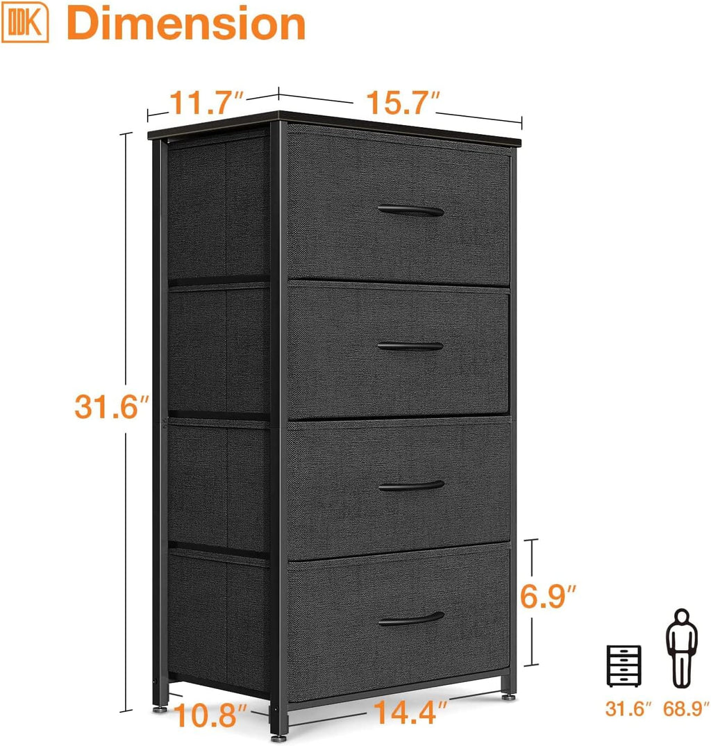Black Wood Top 4 Drawer Small Fabric Dresser Cabinet