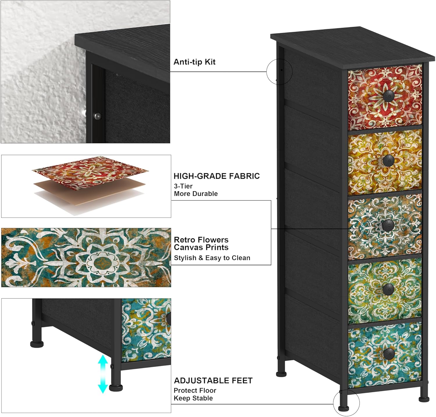 Retro Mandala Slim Narrow Fabric Drawer Storage Dresser