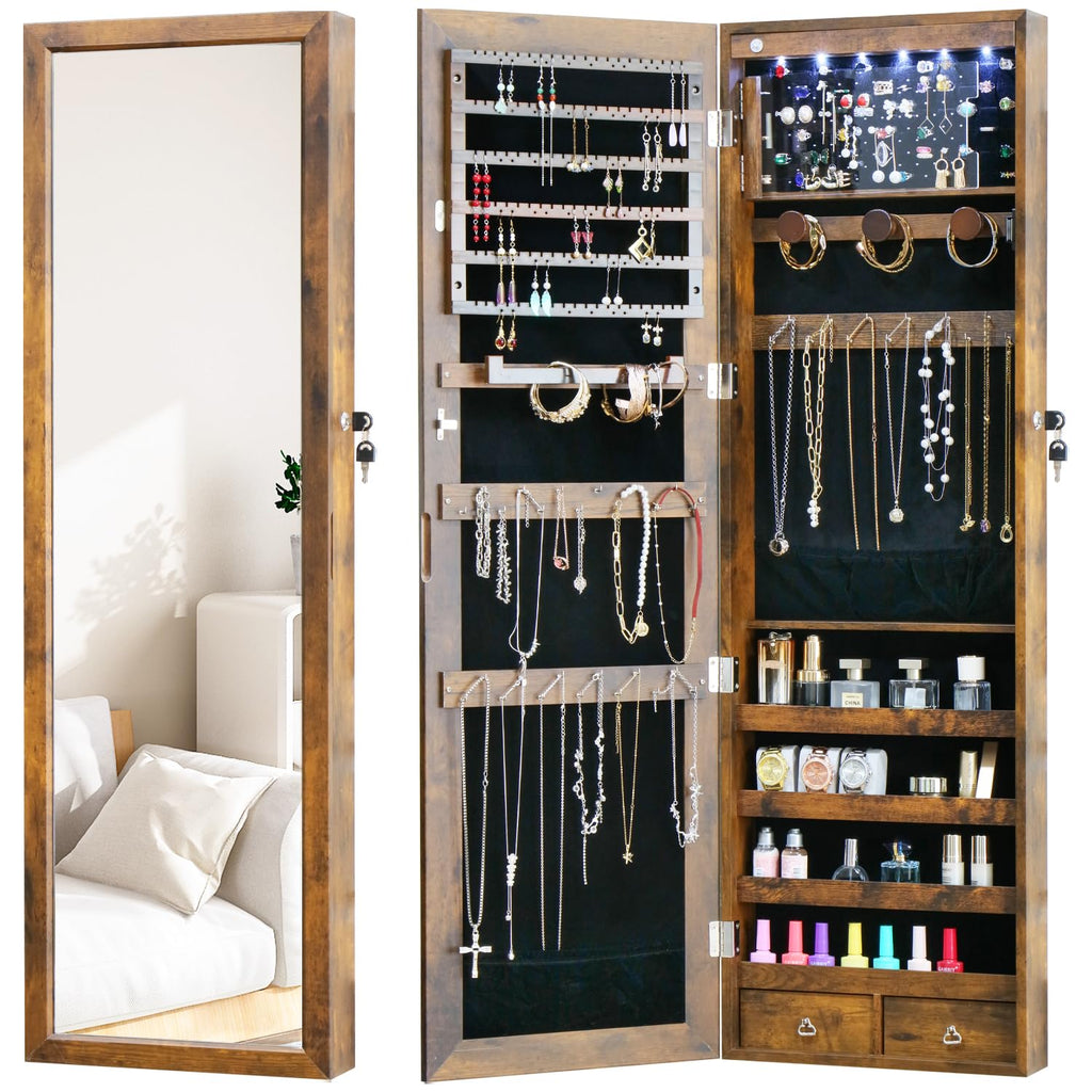 White Lockable Wall Mount Full Length Jewelry Armoire