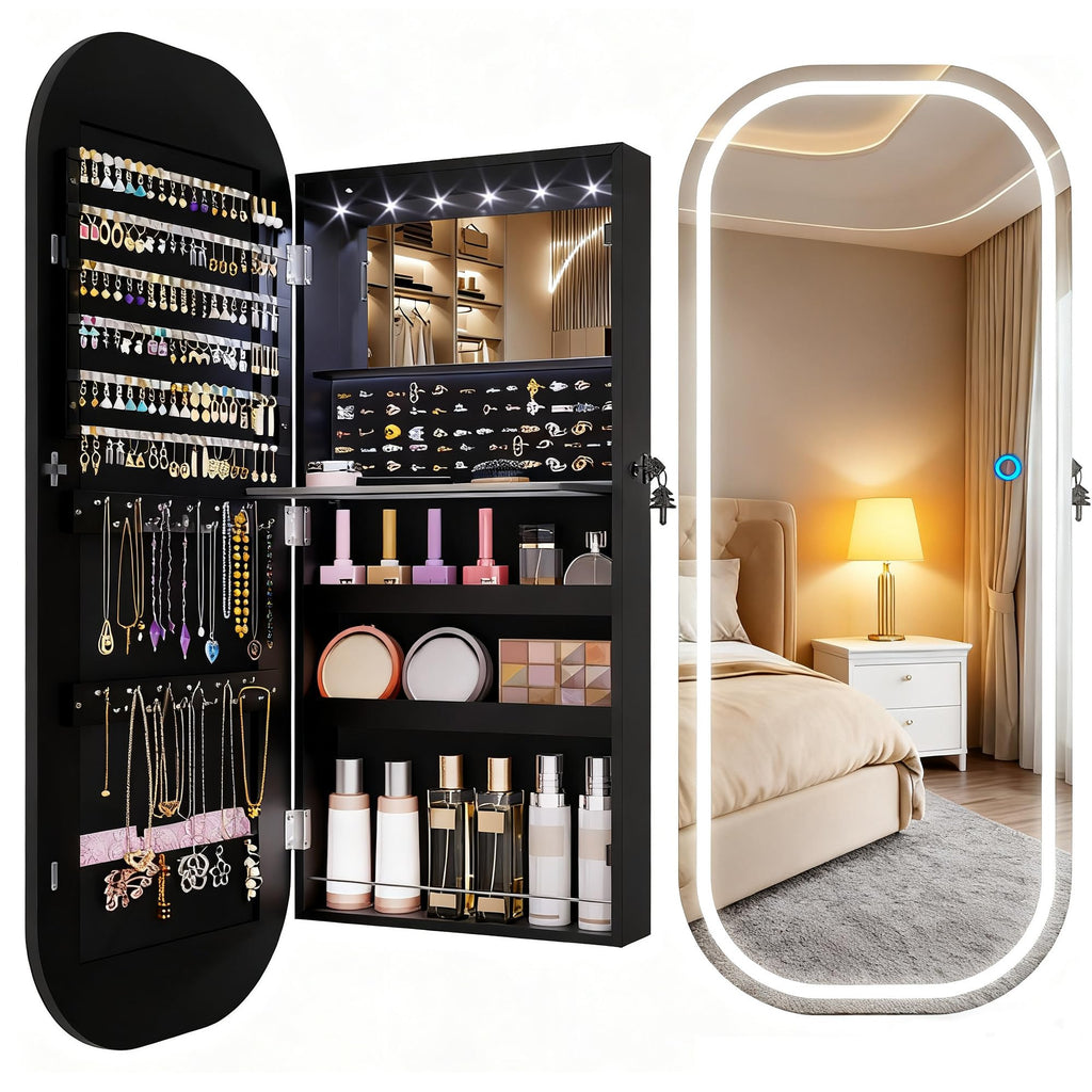 LED Lockable White Full Length Mounted Jewelry Armoire