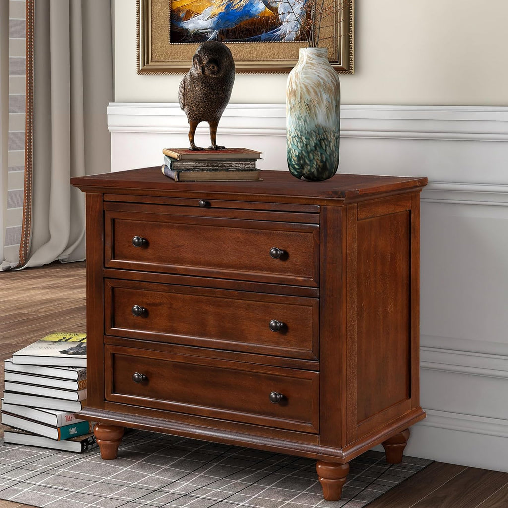 Brown Wood Nightstand 3 Drawers with Pull Out Tray
