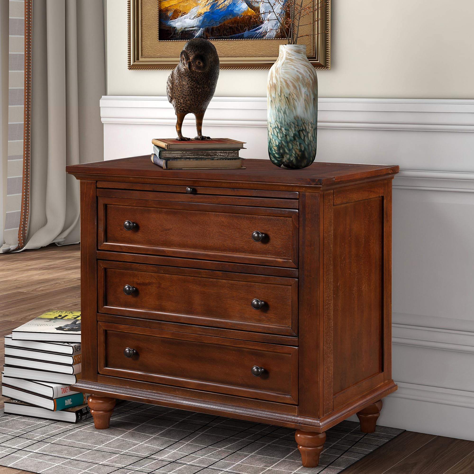 Brown Wood Nightstand 3 Drawers with Pull Out Tray