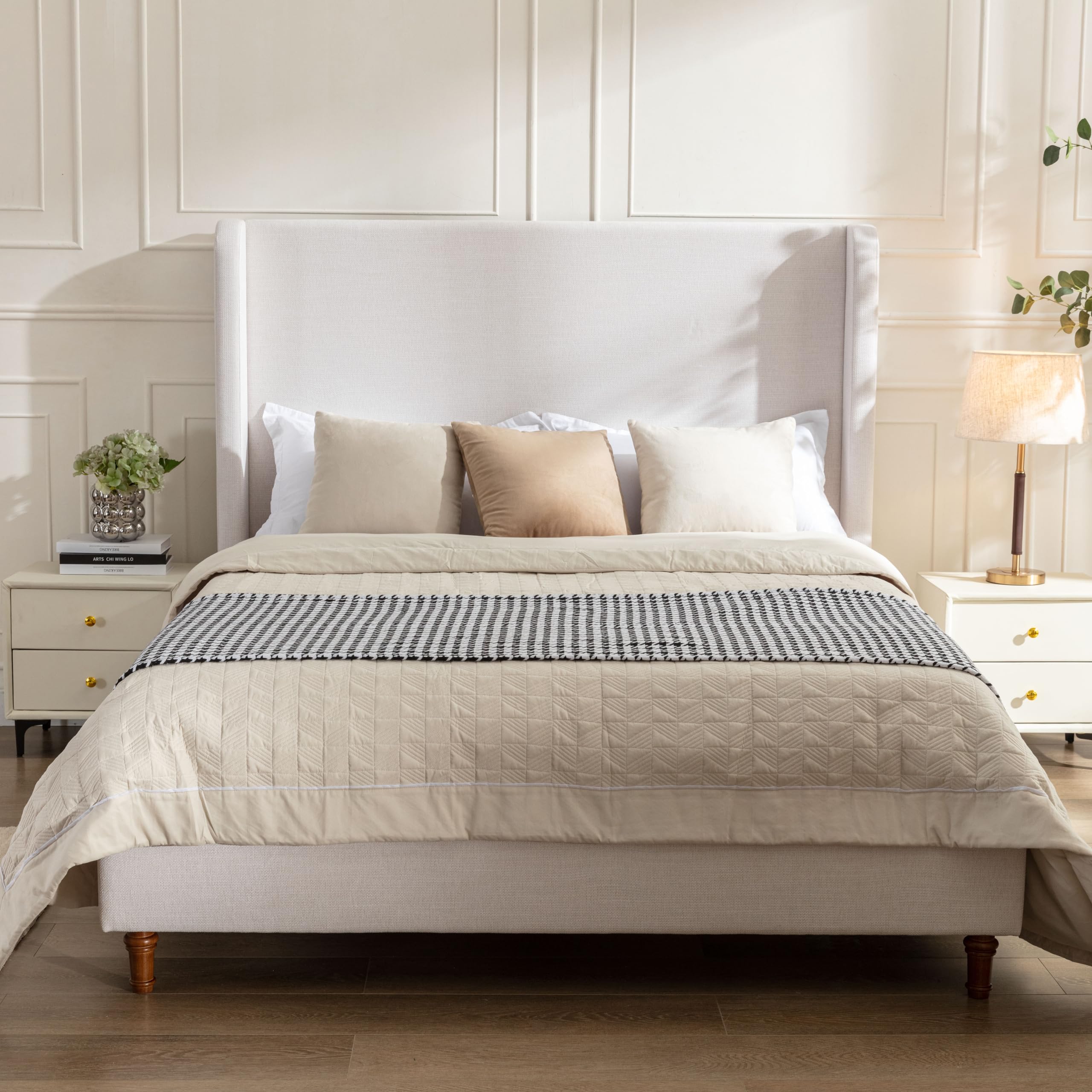 Ivory Boucle Wingback Queen Tall Headboard Platform Bed