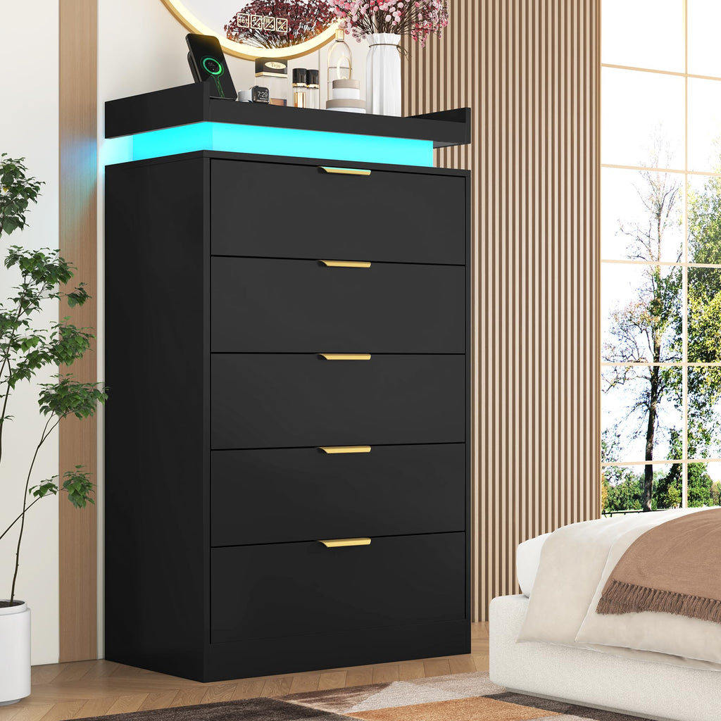 Black Wood 5 Drawer Tall Dresser LED & Power Outlet