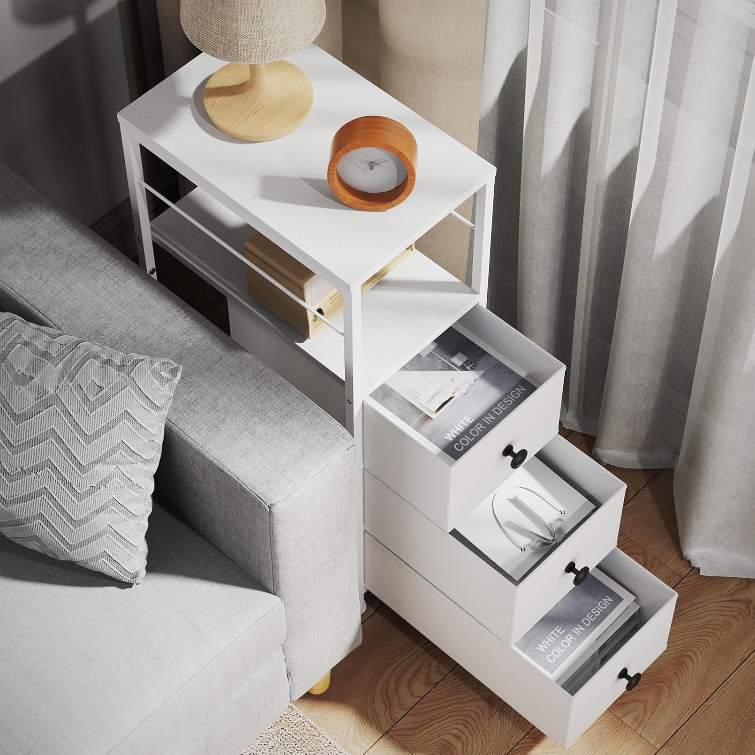 White Slim Narrow Fabric Storage Dresser Cabinet