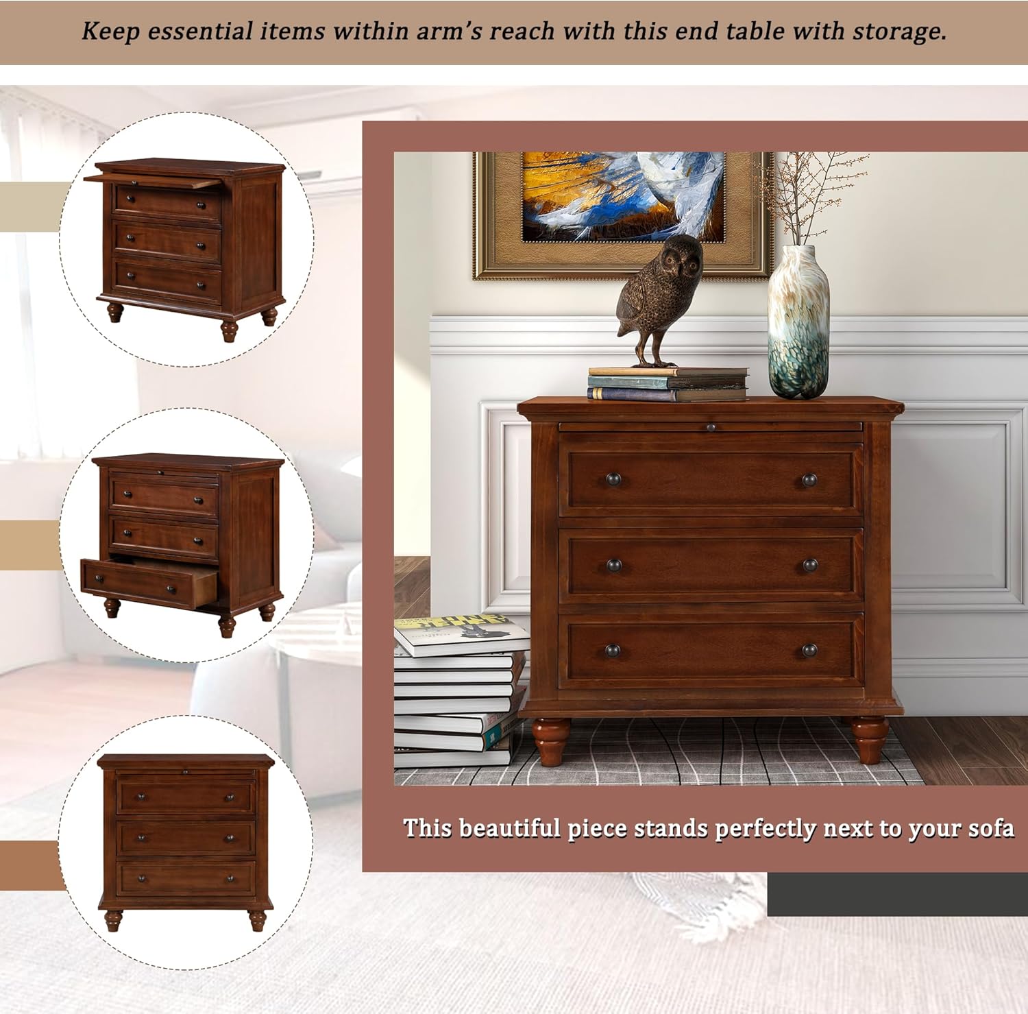 Brown Wood Nightstand 3 Drawers with Pull Out Tray