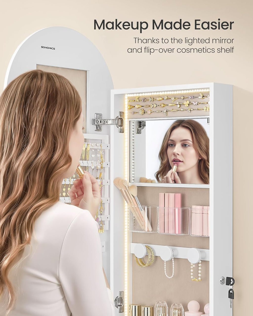 55 Inch White LED Lockable Arched Jewelry Cabinet