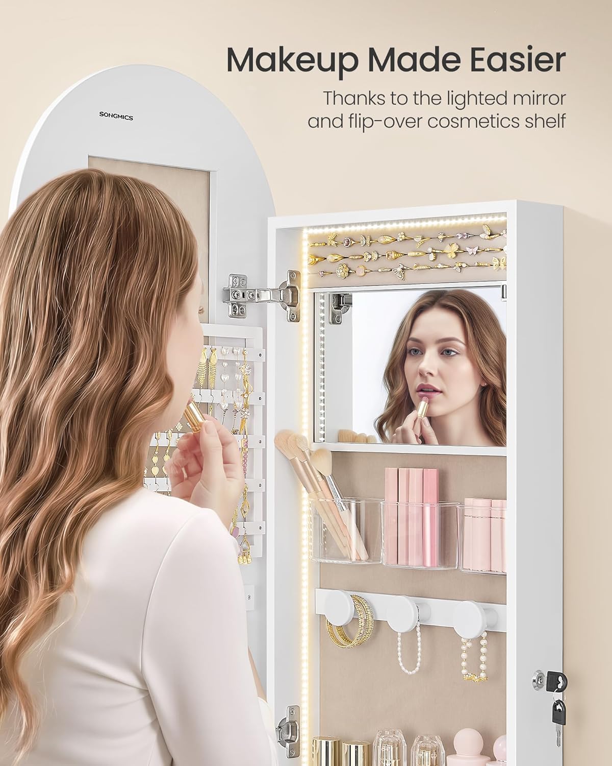 55 Inch White LED Lockable Arched Jewelry Cabinet