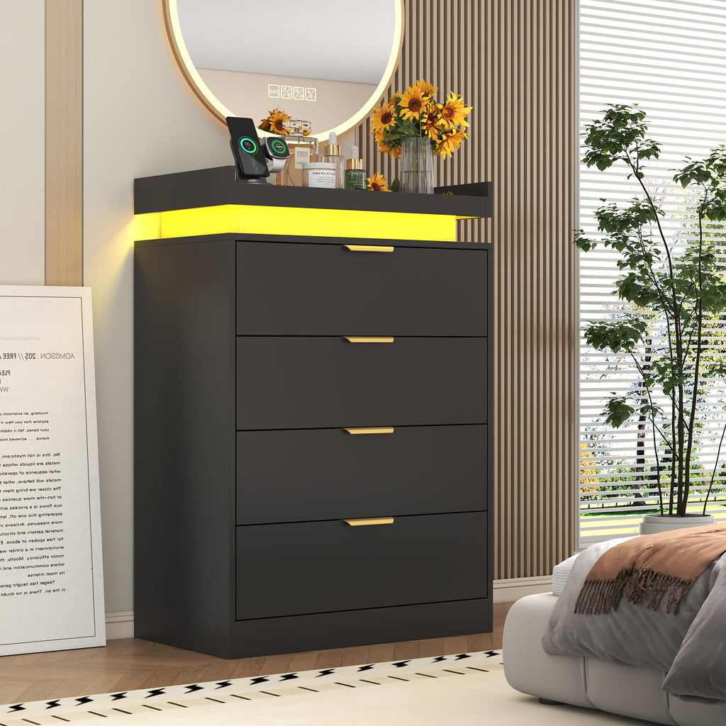Black Wood 5 Drawer Tall Dresser LED & Power Outlet