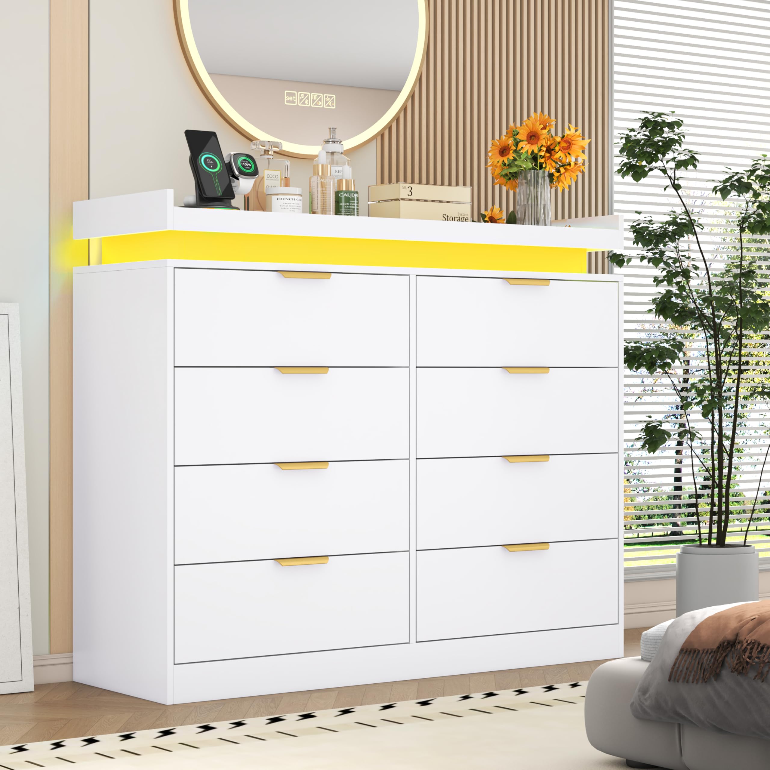 Black Wood 5 Drawer Tall Dresser LED & Power Outlet