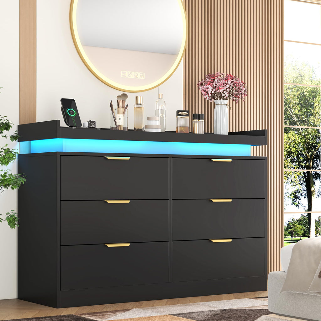 Black Wood 5 Drawer Tall Dresser LED & Power Outlet
