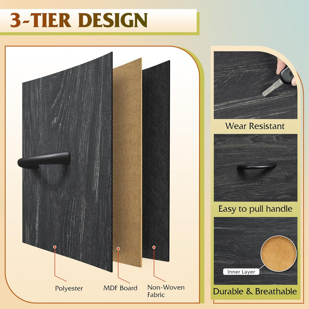 Charcoal Black Wood Top 3 Drawer Fabric Nightstand