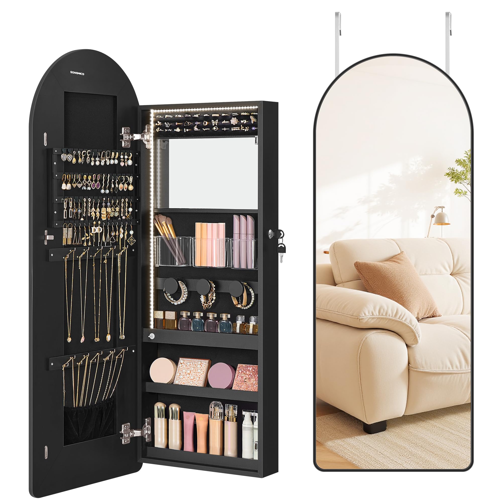 55 Inch White LED Lockable Arched Jewelry Cabinet