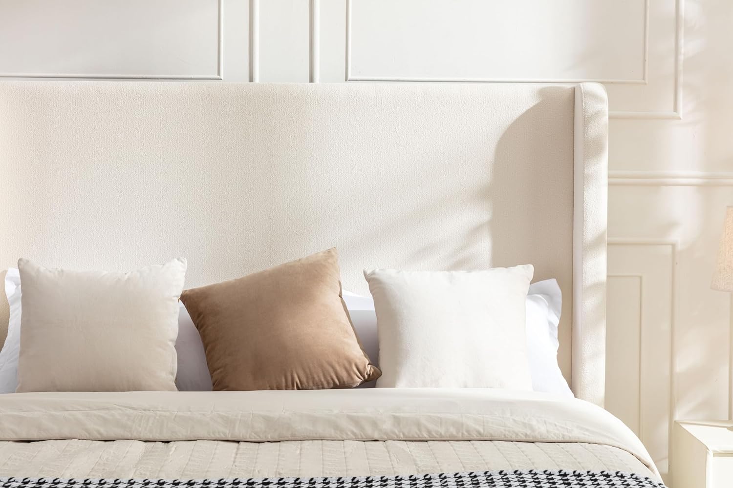 Ivory Boucle Wingback Queen Tall Headboard Platform Bed