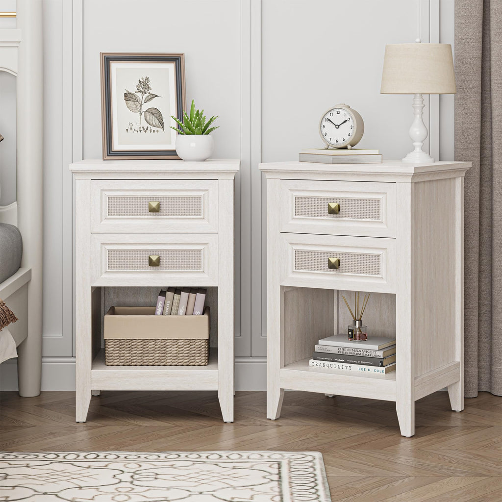 Grayish White Rattan 2 Drawer Bedroom Nightstand