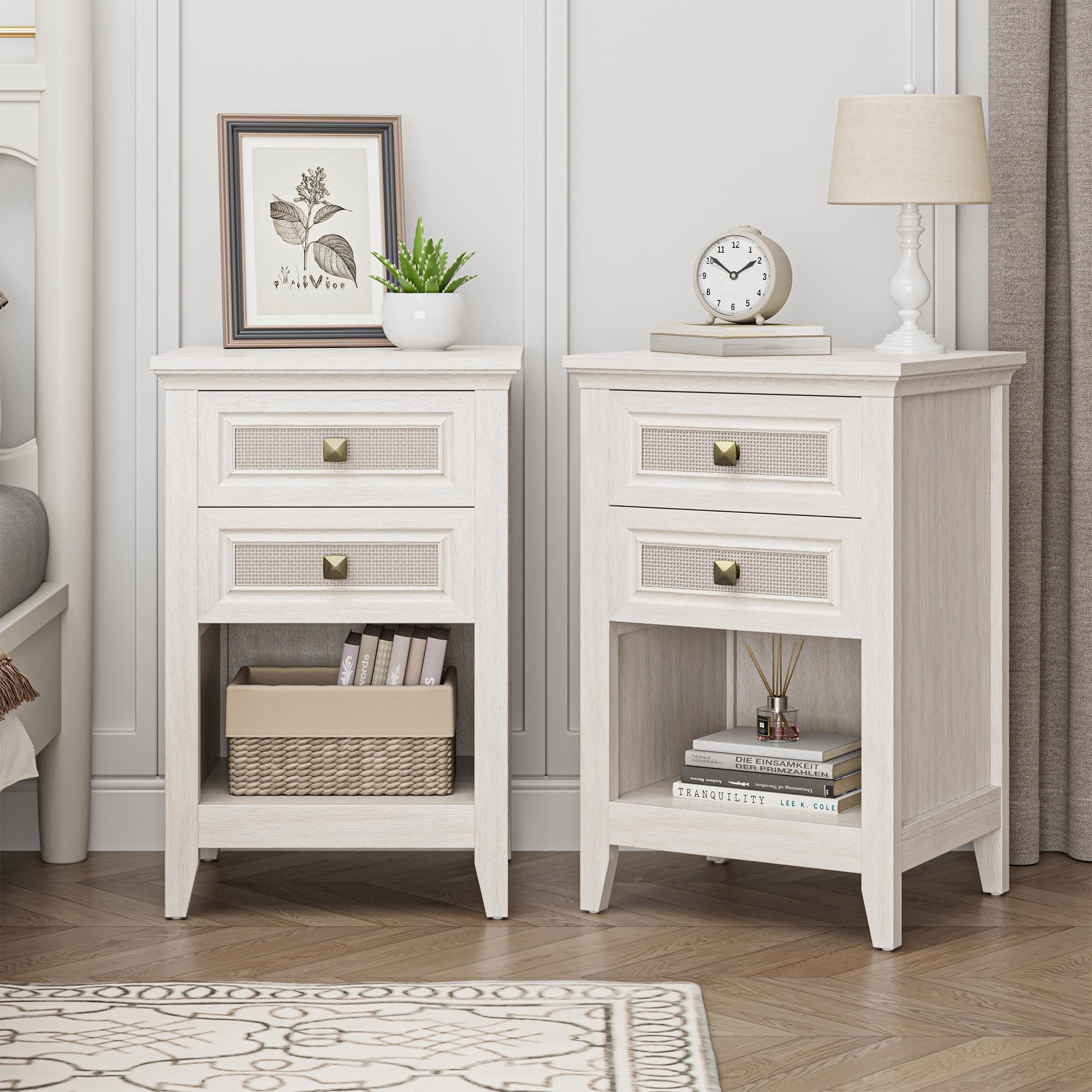 Grayish White Rattan 2 Drawer Bedroom Nightstand