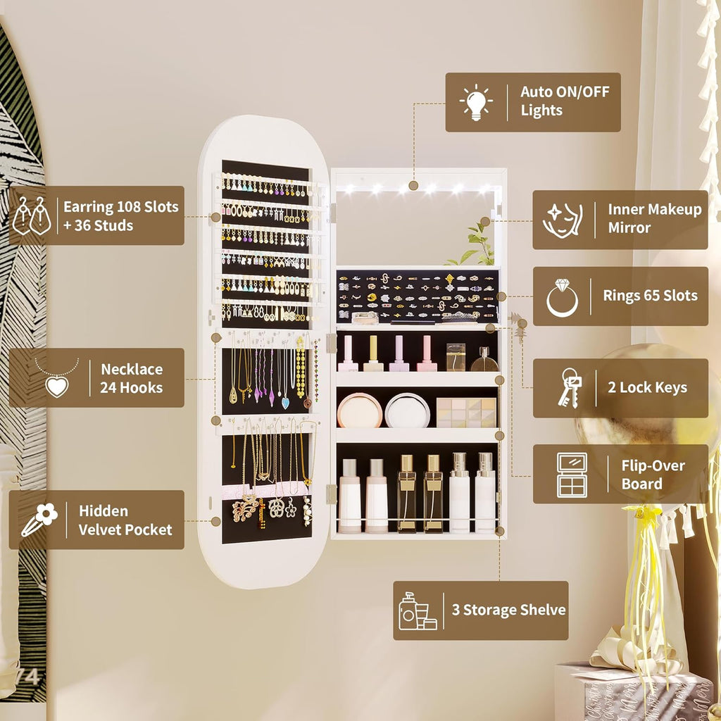LED Lockable White Full Length Mounted Jewelry Armoire