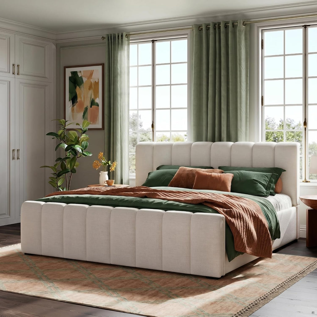 Beige Linen Cal King Curved Panel Bed Frame
