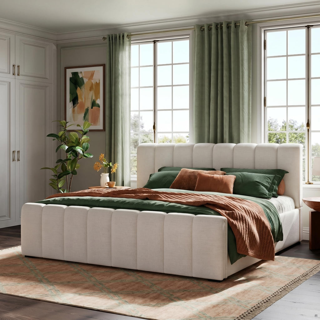 Beige Linen Cal King Curved Panel Bed Frame