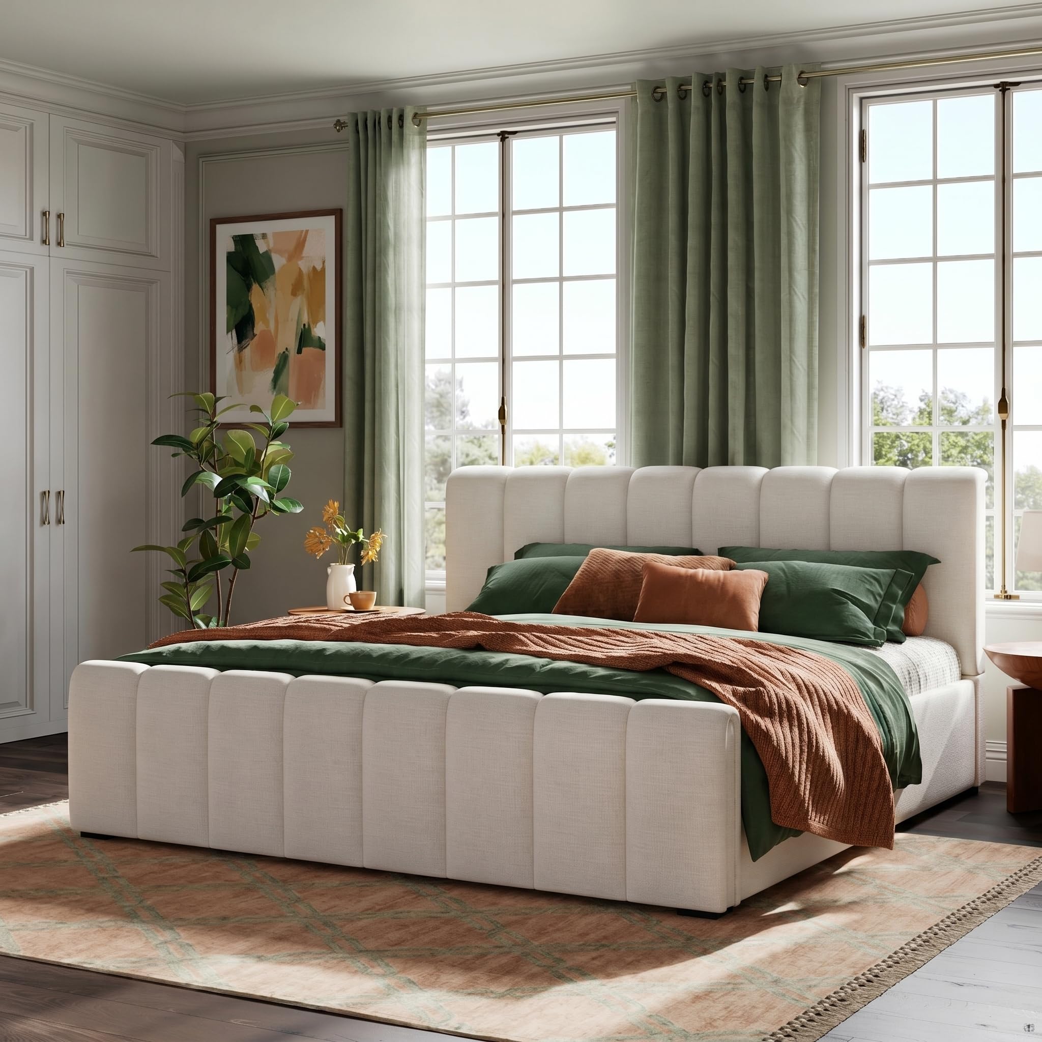 Beige Linen Cal King Curved Panel Bed Frame