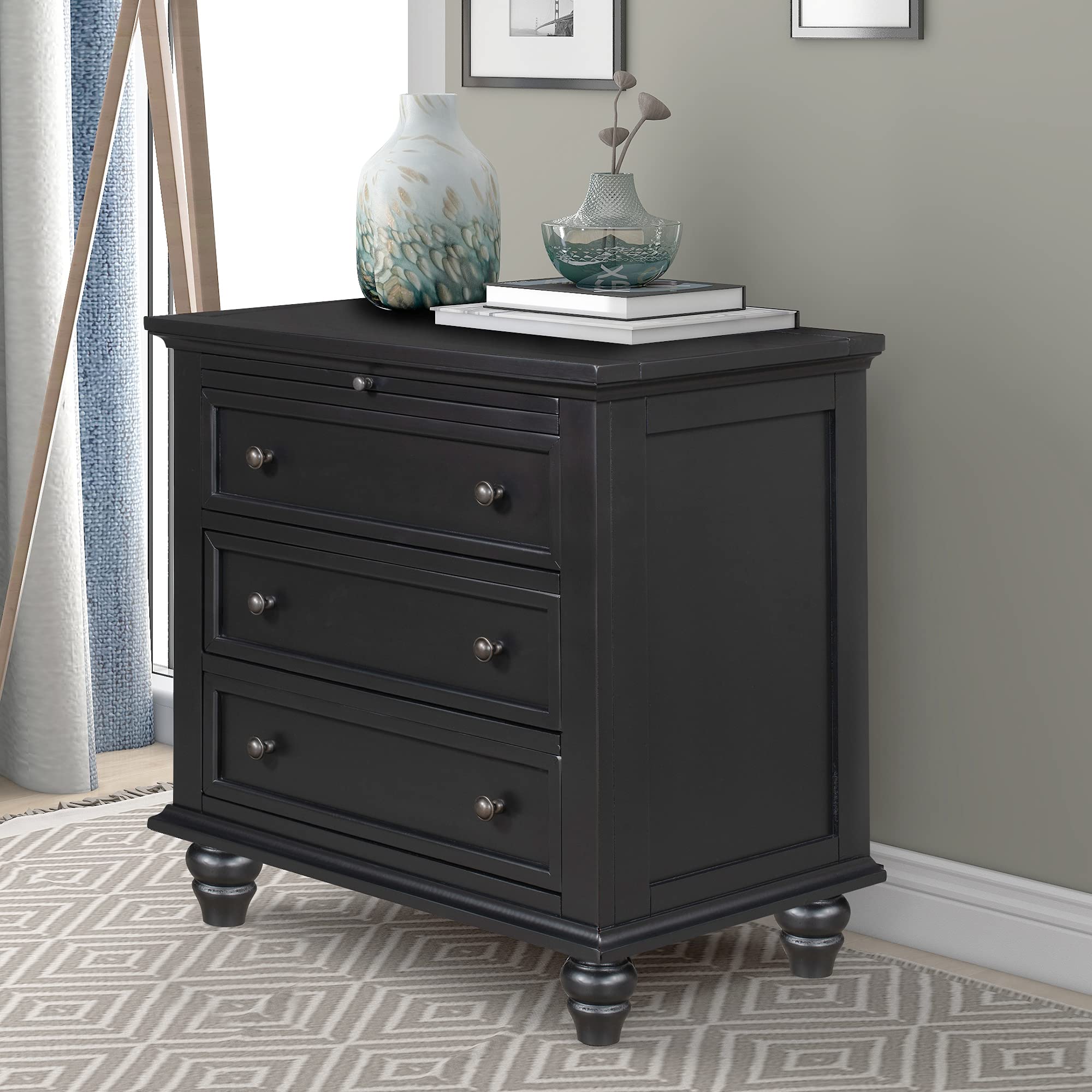 Brown Wood Nightstand 3 Drawers with Pull Out Tray
