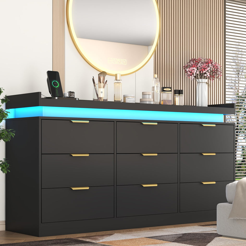 Black Wood 5 Drawer Tall Dresser LED & Power Outlet