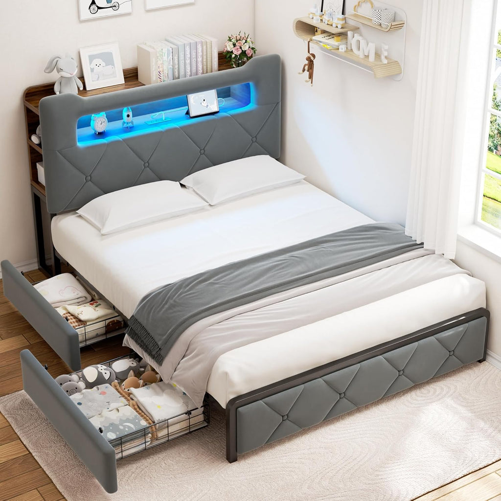 Grey Velvet Full LED Bed Drawers Charging Headboard