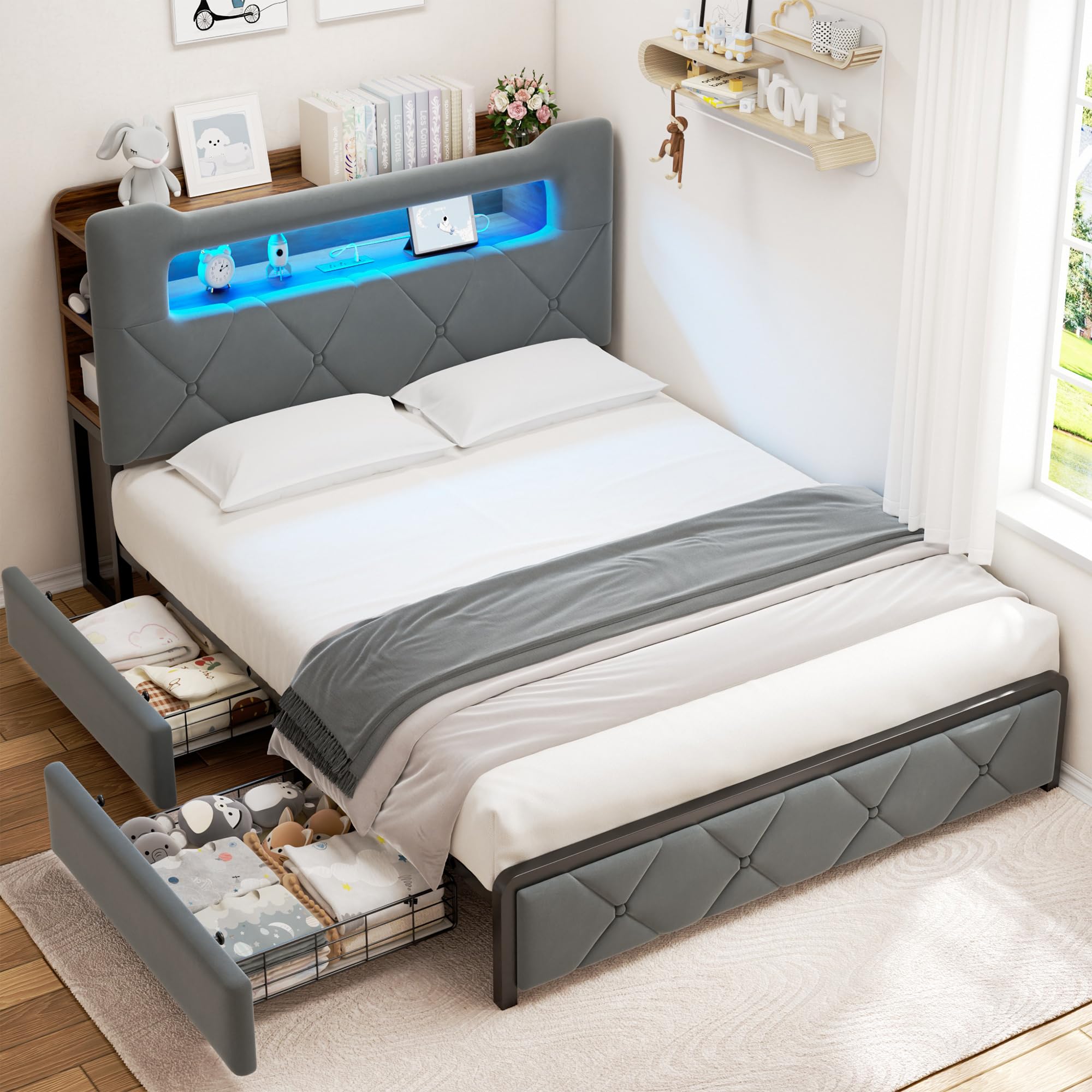 Grey Velvet Full LED Bed Drawers Charging Headboard
