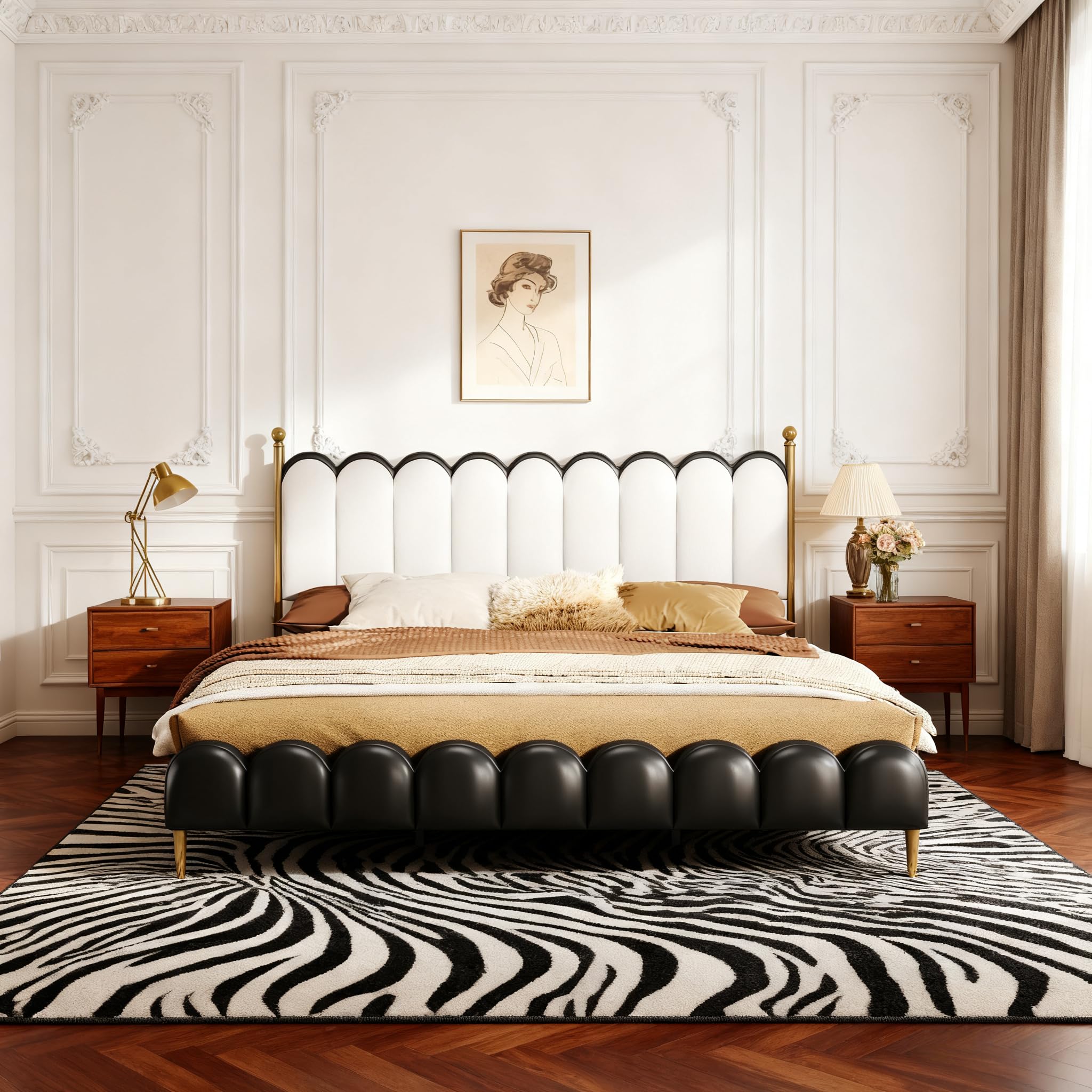 White Black Faux Leather Queen Platform Bed Frame