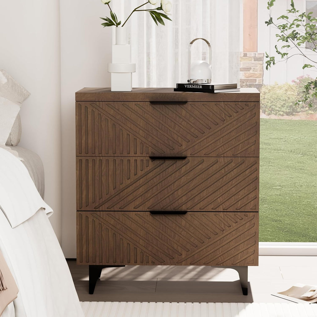 Brown Fluted 3 Drawer Oversized Bedroom Nightstand