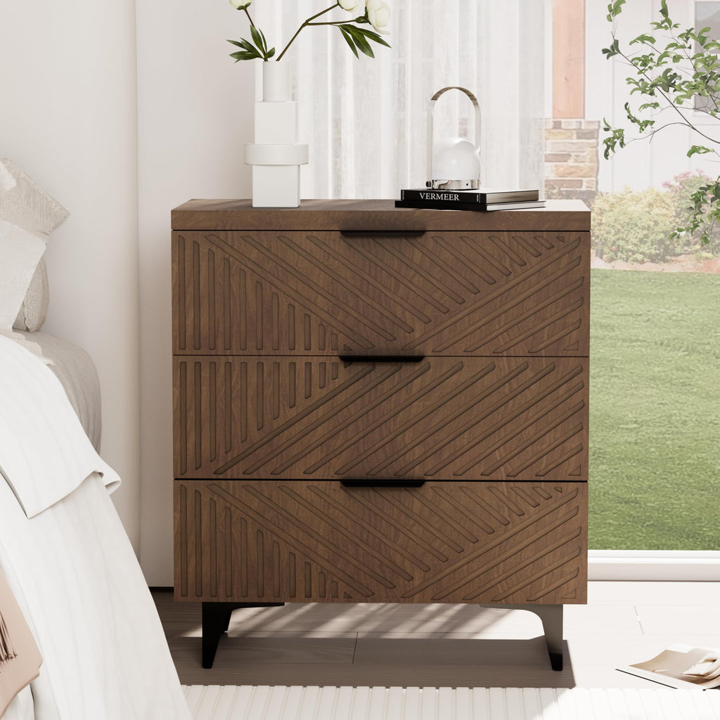 Brown Fluted 3 Drawer Oversized Bedroom Nightstand
