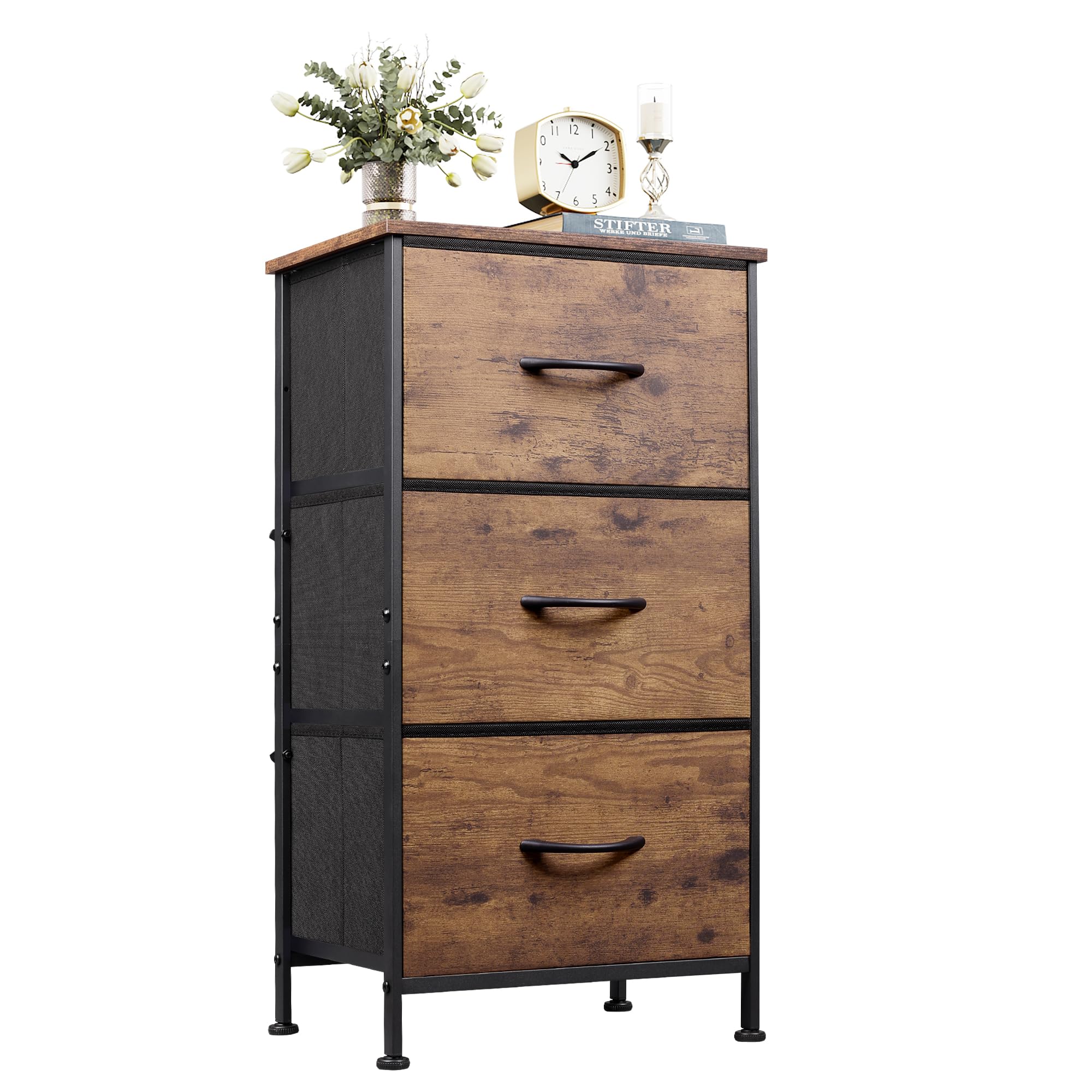 Charcoal Black Wood Top 3 Drawer Fabric Nightstand