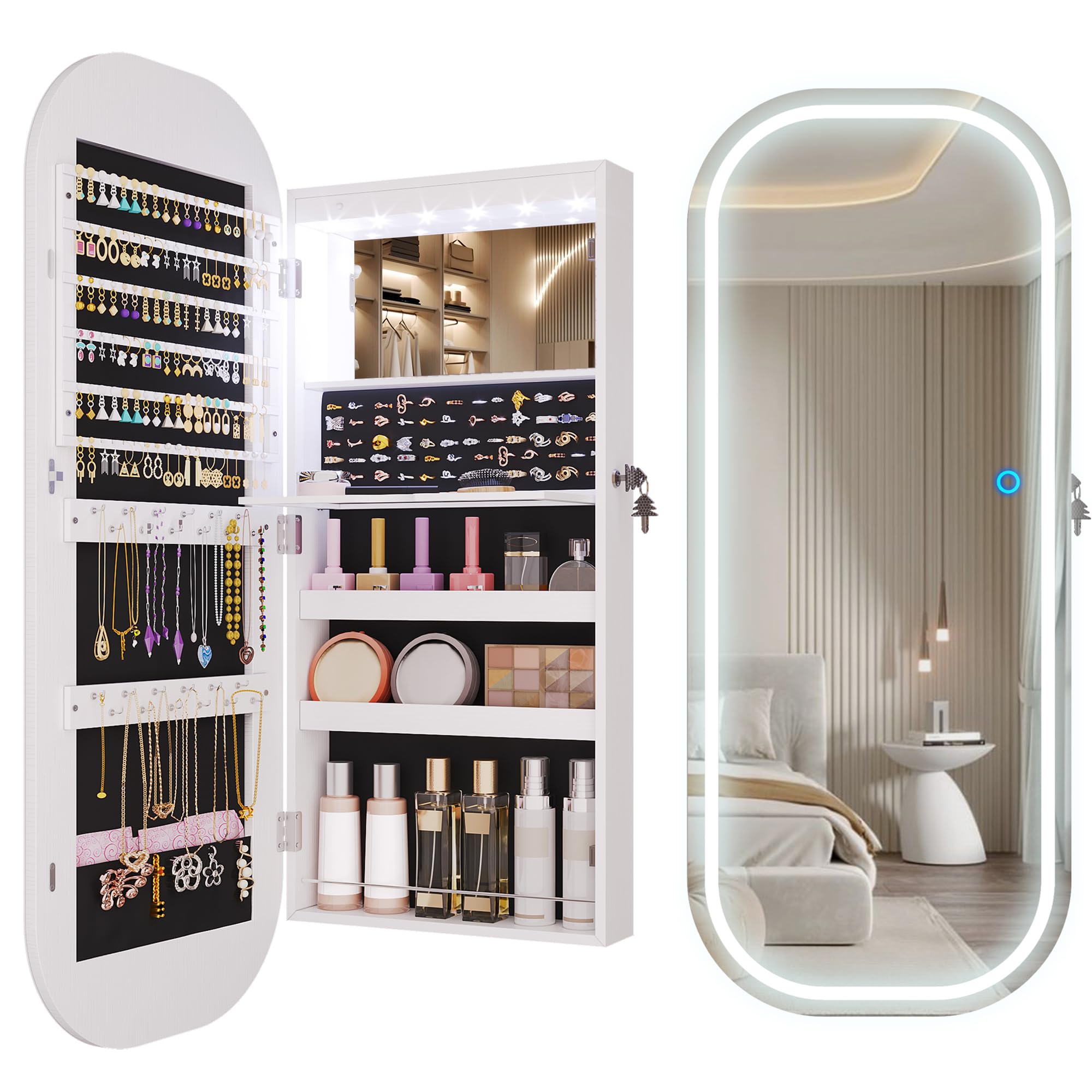 LED Lockable White Full Length Mounted Jewelry Armoire
