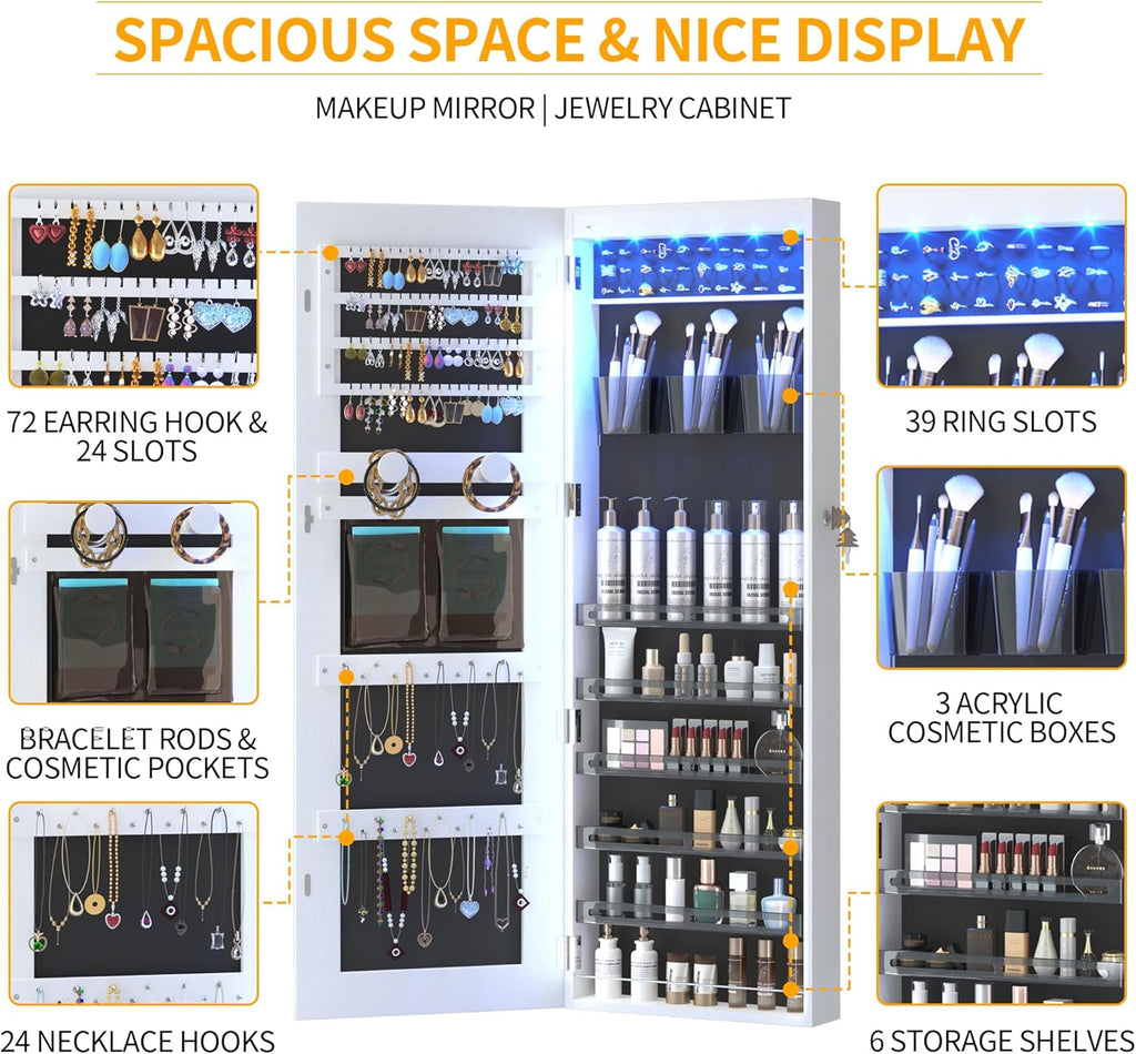 LED Lockable White Full Length Hanging Jewelry Armoire