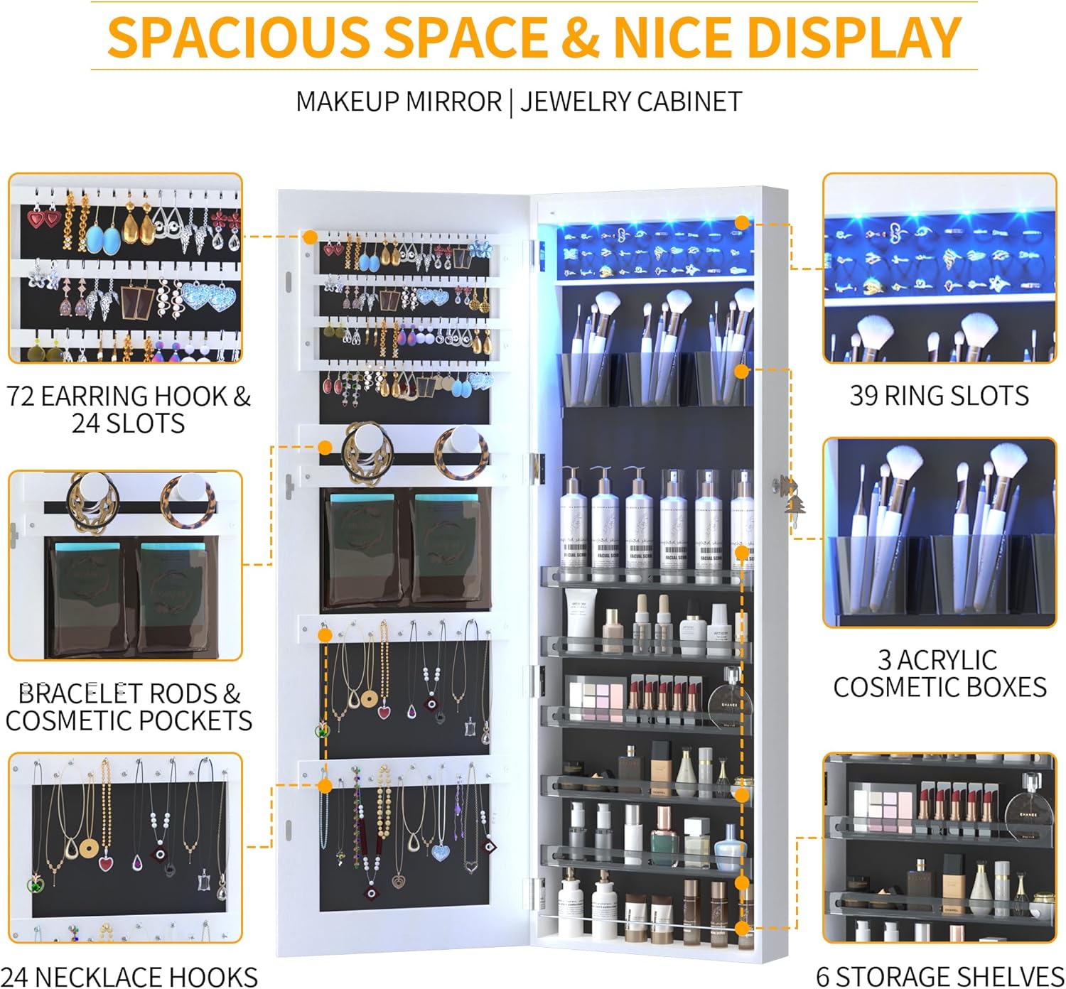 LED Lockable White Full Length Hanging Jewelry Armoire