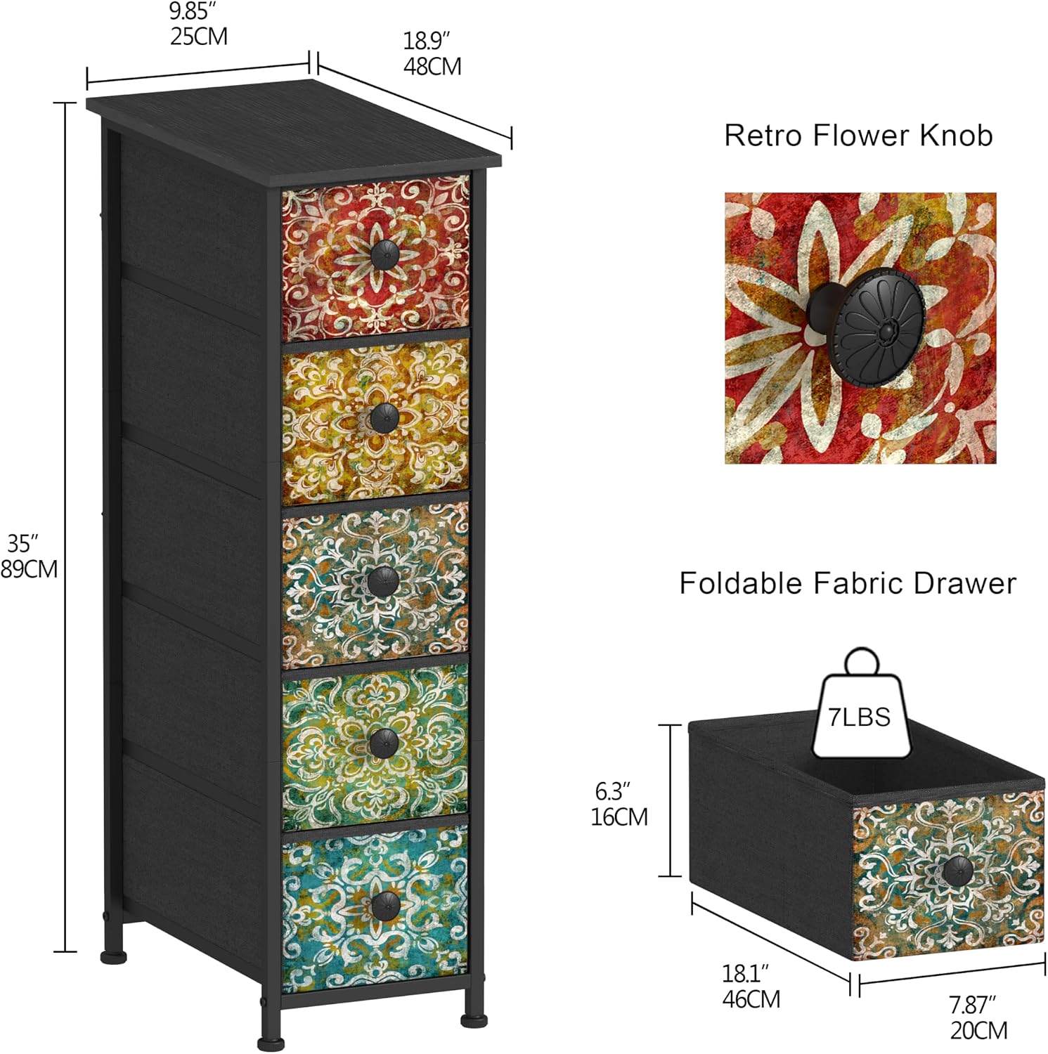 Retro Mandala Slim Narrow Fabric Drawer Storage Dresser