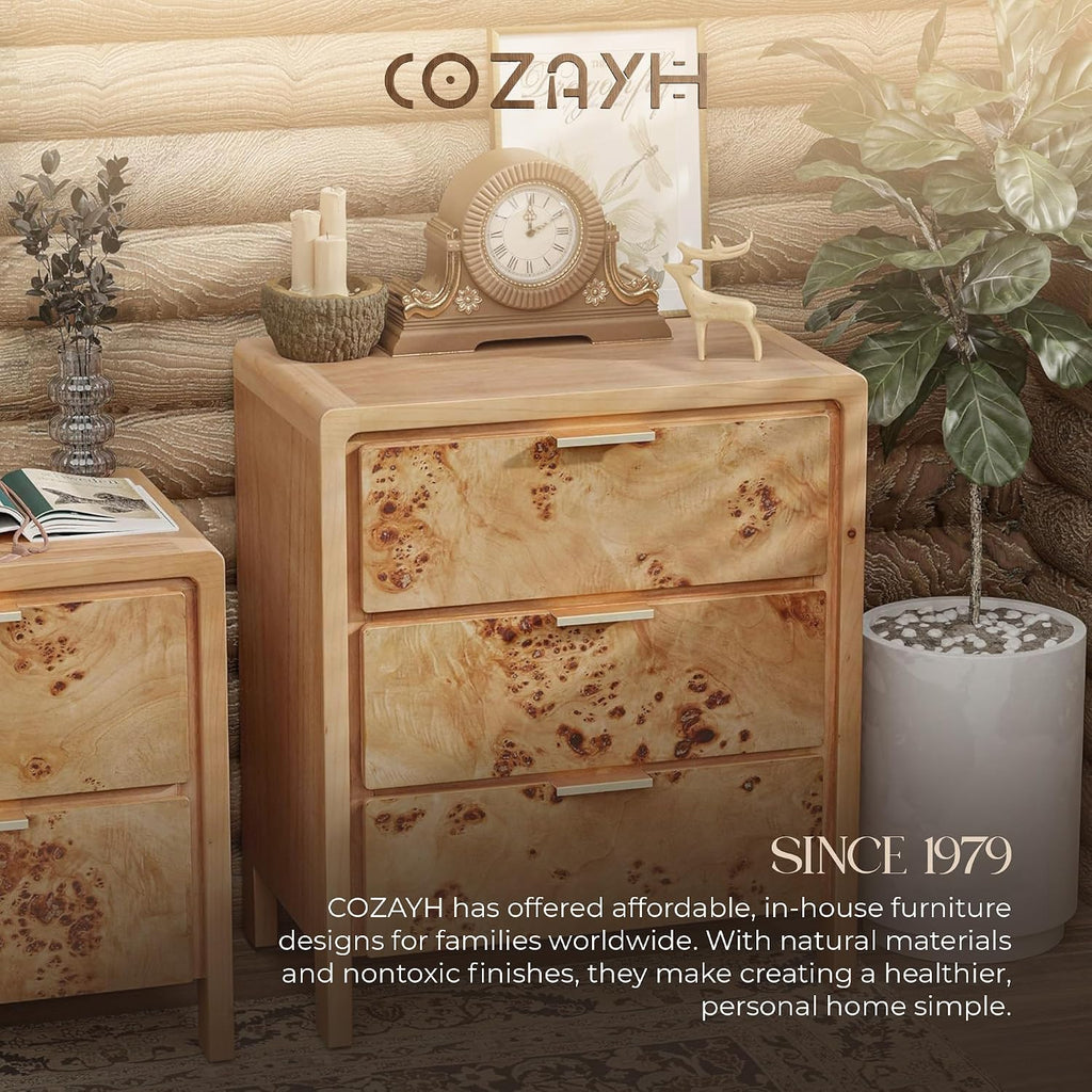 Natural Burl Wood 3 Drawer Farmhouse Nightstand